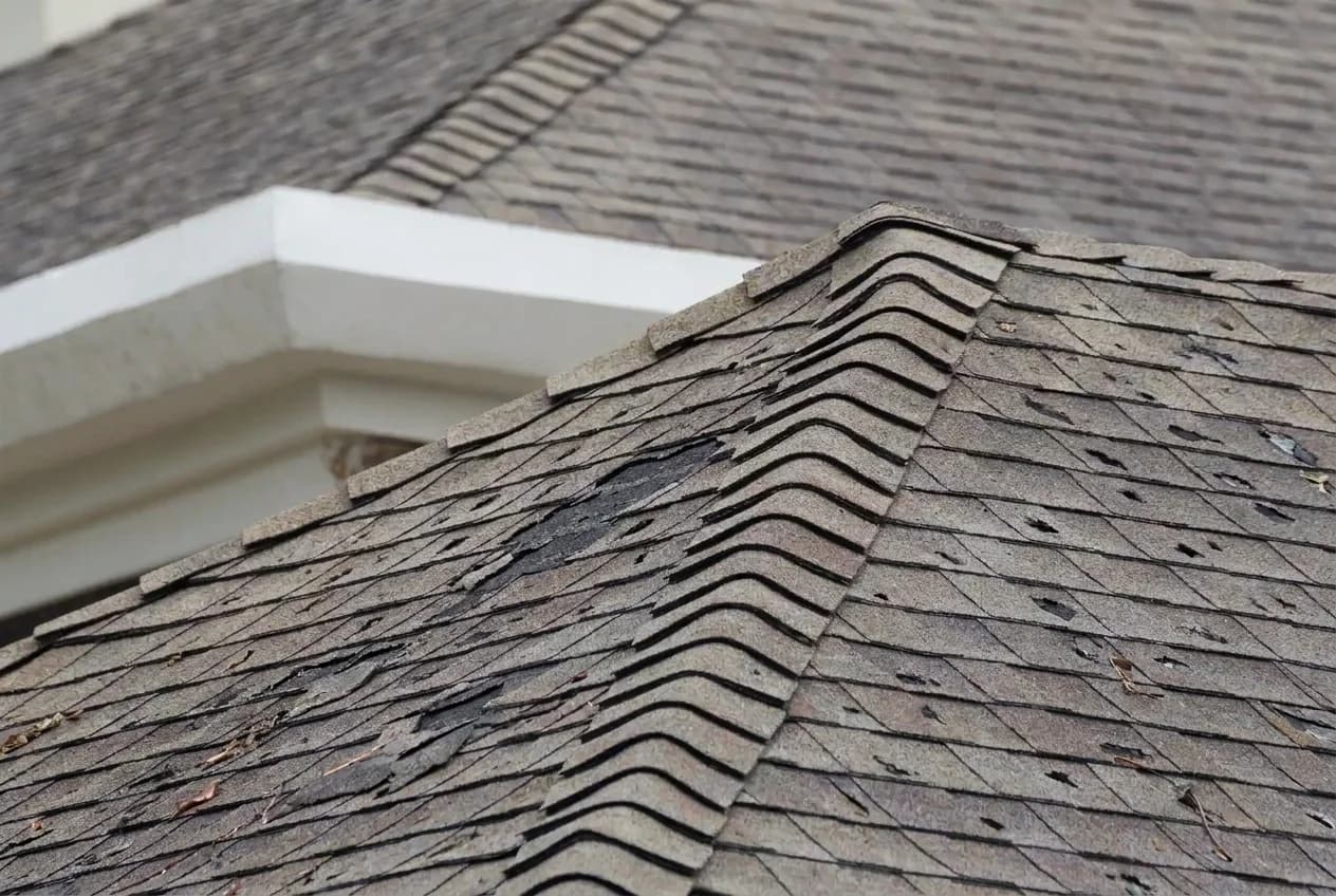 Storm-worn roof before restoration