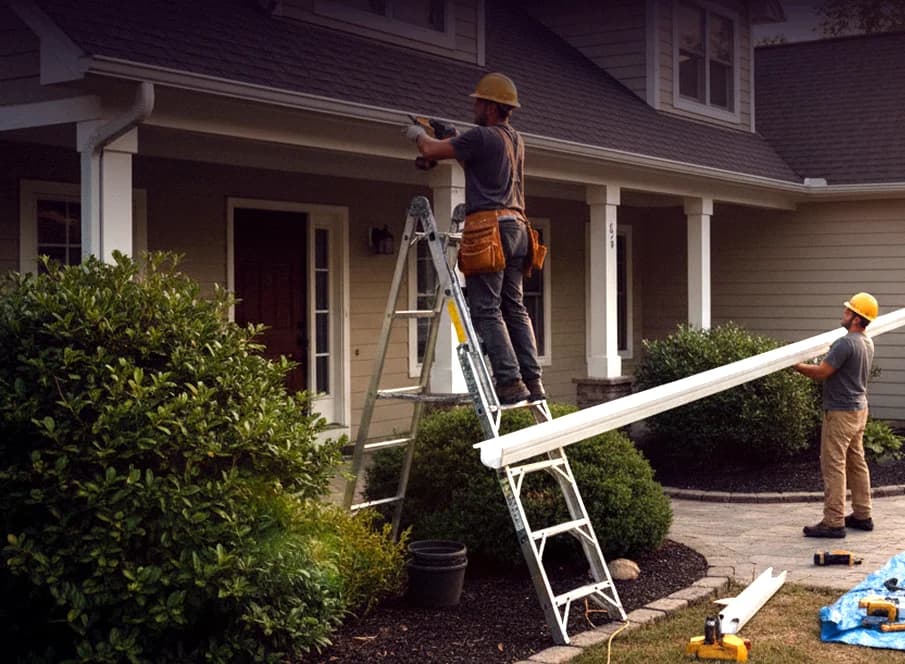 Seamless gutters installed along a roofline