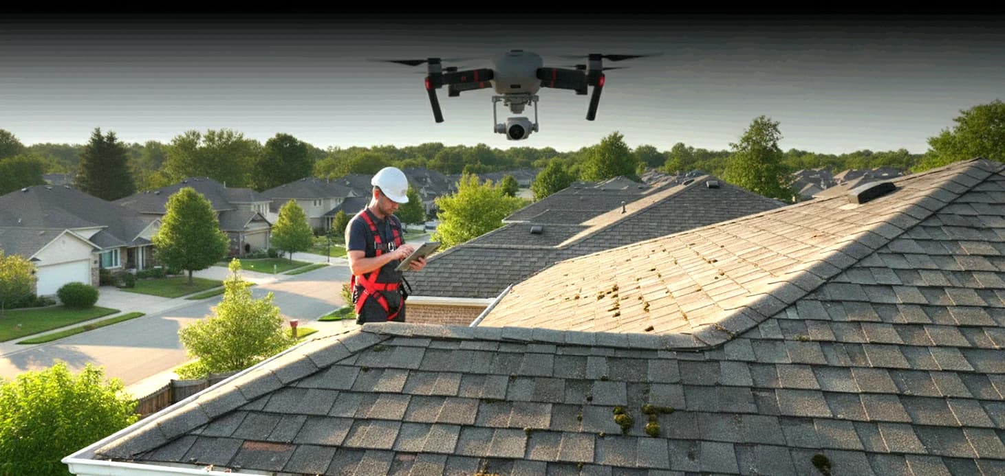 Aerial inspection view of a residential roof